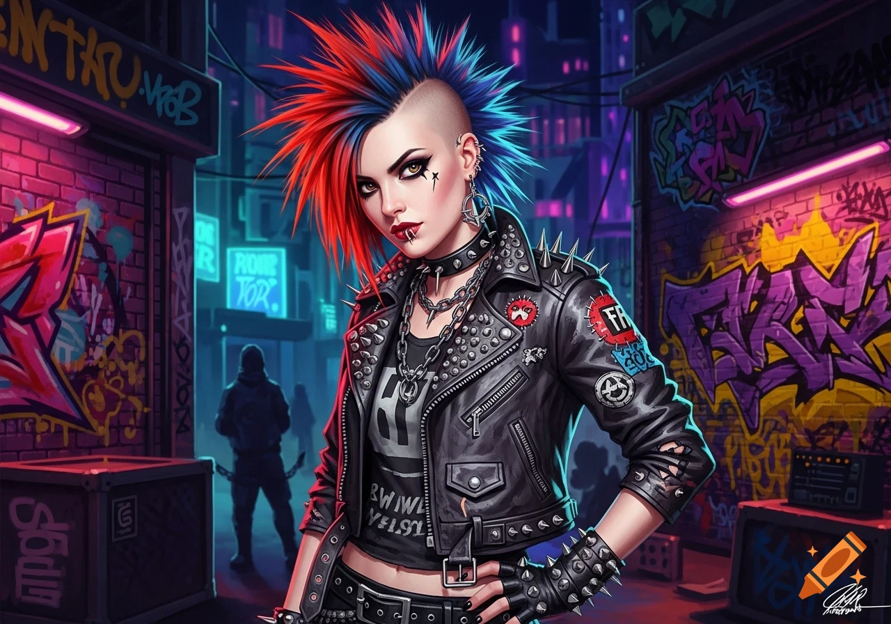 A punk girl with a red and blue mohawk, studded jacket, and piercings in a neon-lit urban alley with graffiti, comic art style.
