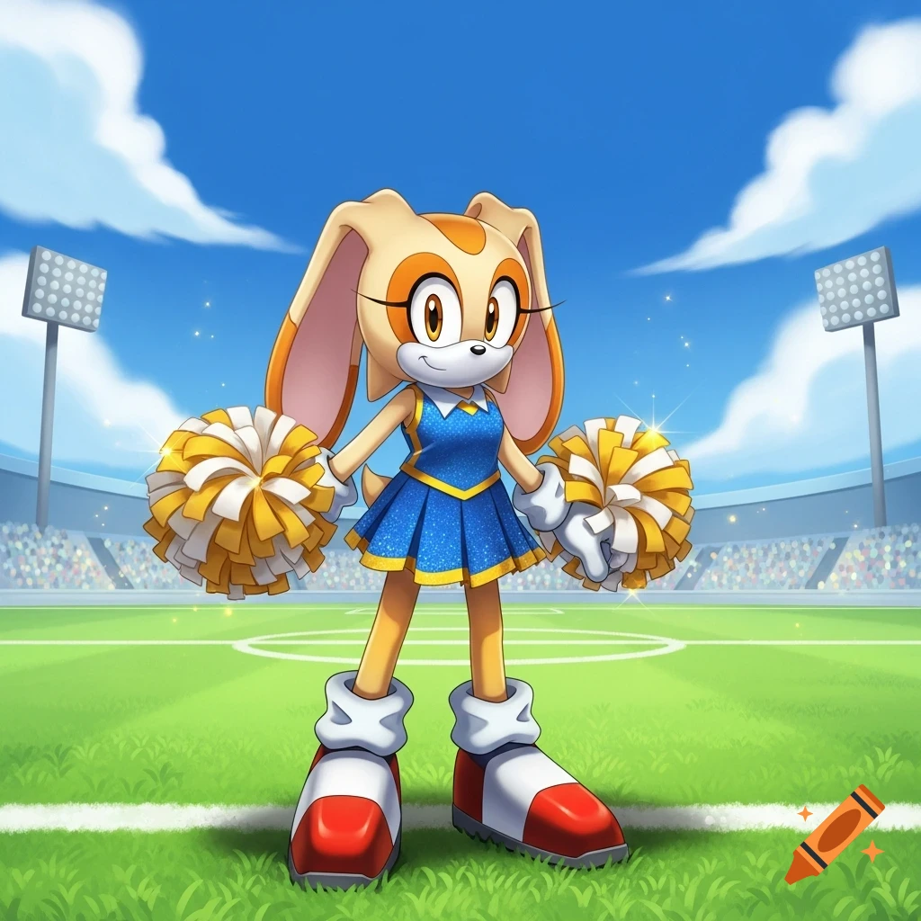 Cream the Rabbit from Sonic the Hedgehog, in a blue cheerleader outfit, holding pom-poms on a sunny sports field.
