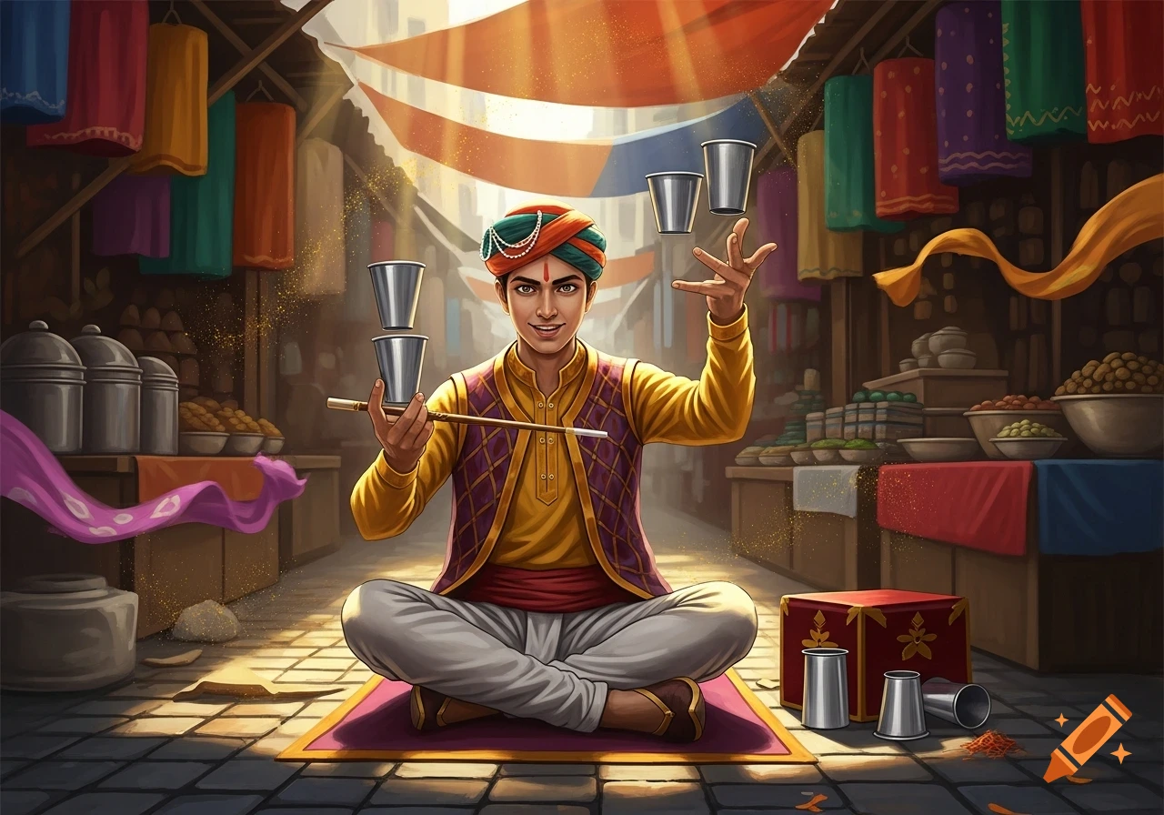 Young Indian magician in a vibrant market, sitting cross-legged and performing a cup trick with a wand, digital illustration.