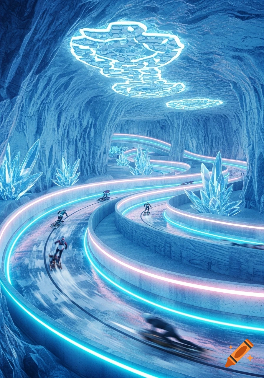 Futuristic ice cave with neon-lit racing tracks, large blue crystals, and several boarders racing.