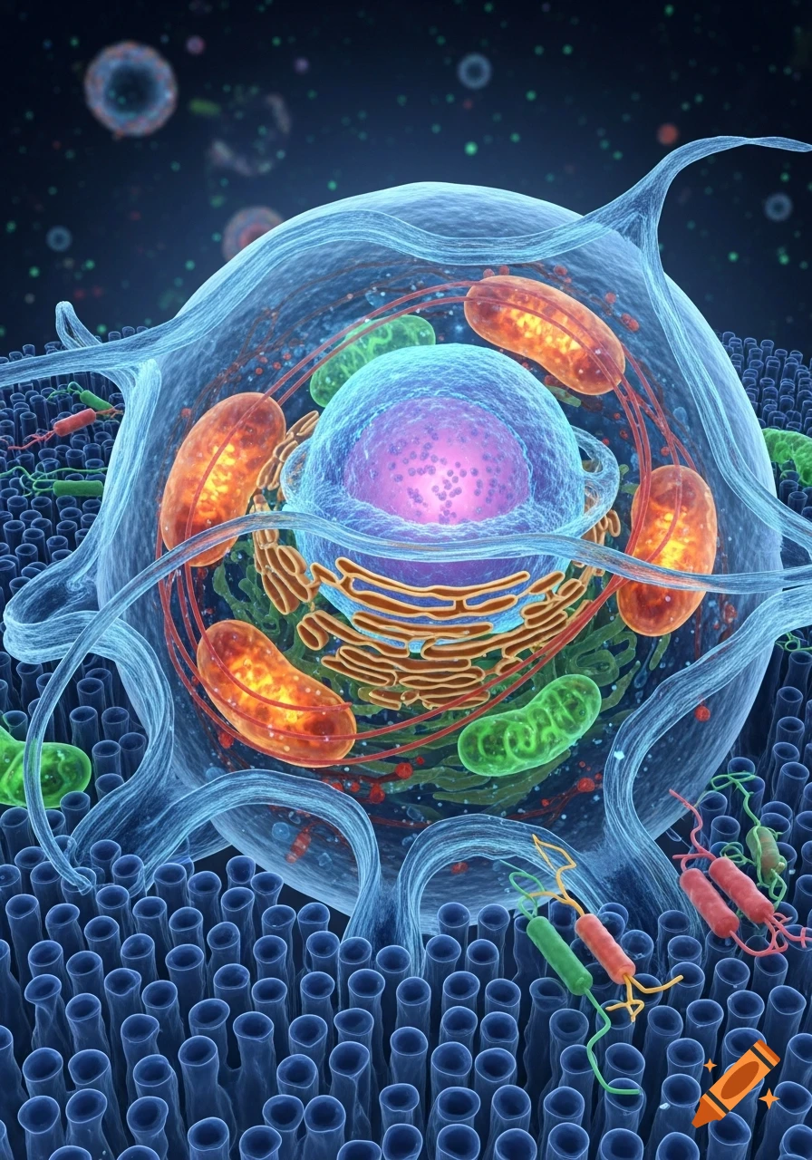 A vibrant 3D rendering of an animal cell with a large central nucleus, orange mitochondria, and a complex network of organelles, surrounded by cell structures.