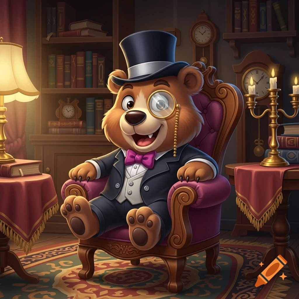 A cartoon bear wearing a top hat, monocle, and suit sits in an armchair in a cozy library setting with bookshelves and a candelabra.