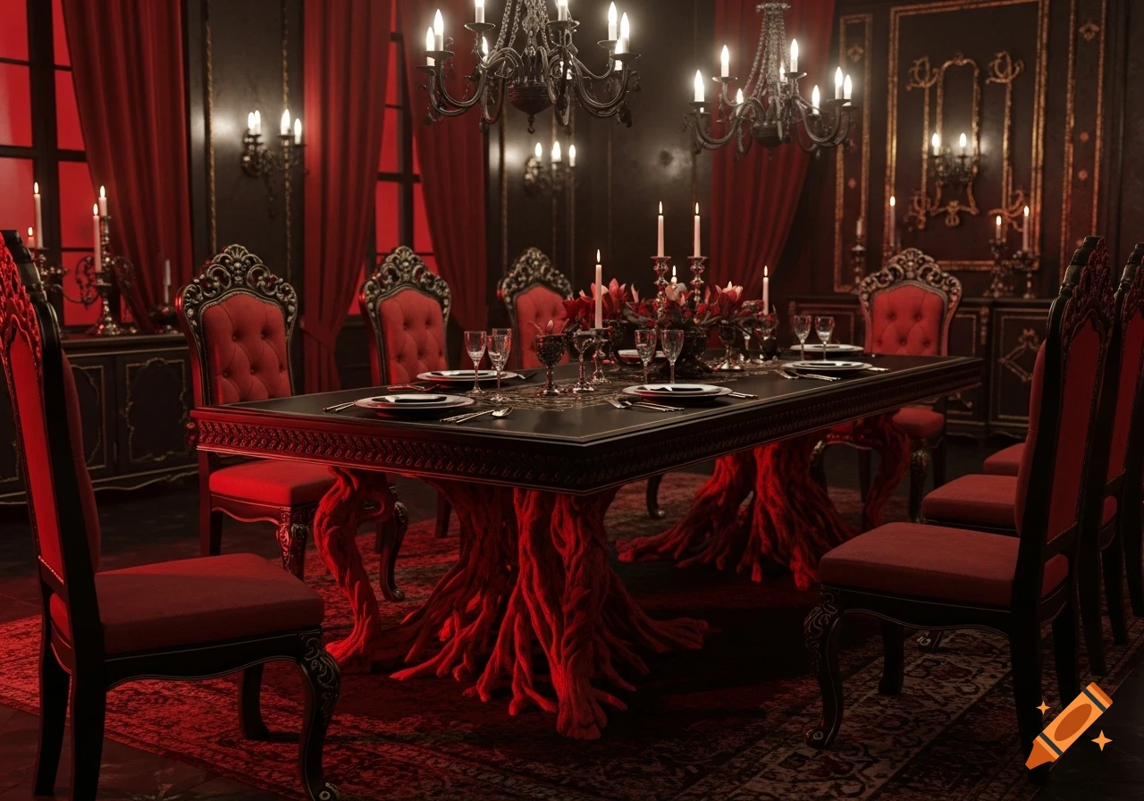 A dark gothic dining room featuring a long table with intricate root-like crimson red legs, surrounded by ornate red velvet chairs. Black chandeliers hang above, and red curtains frame windows against dark walls.