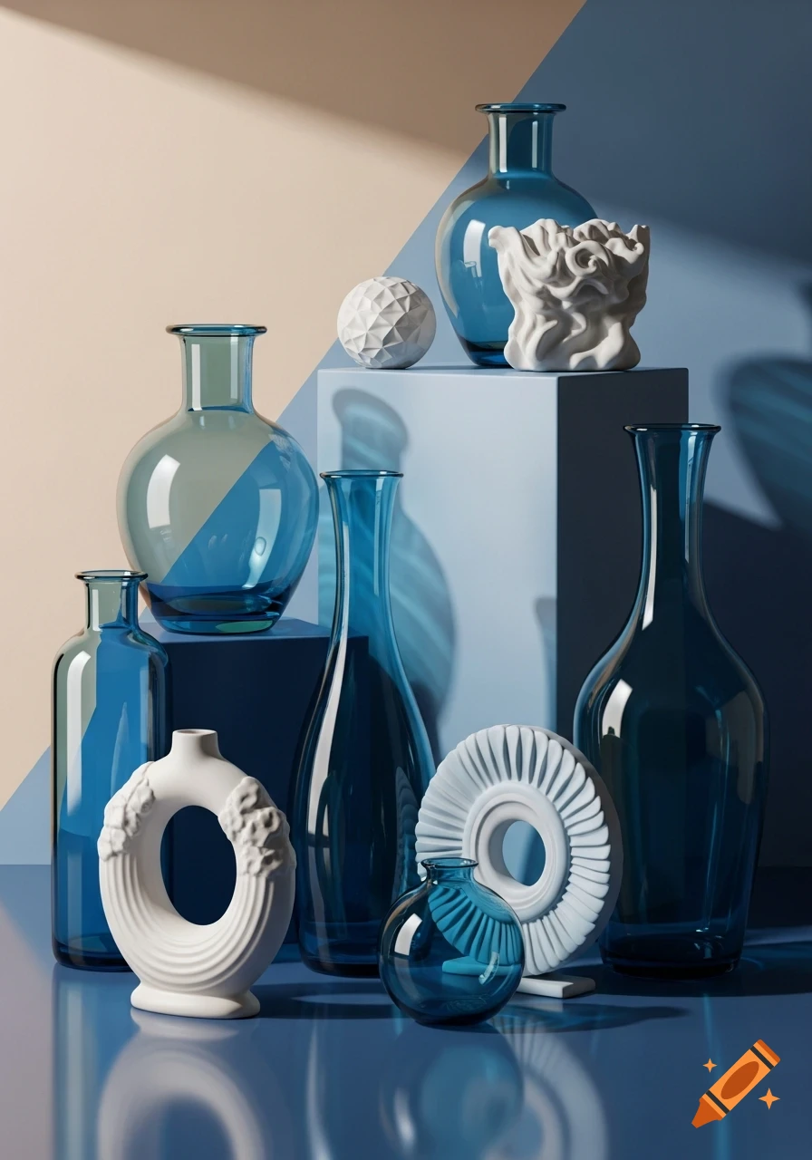 A modern still life featuring various blue glass vases and white ceramic decorative objects on a blue surface, against a geometric beige and blue background.