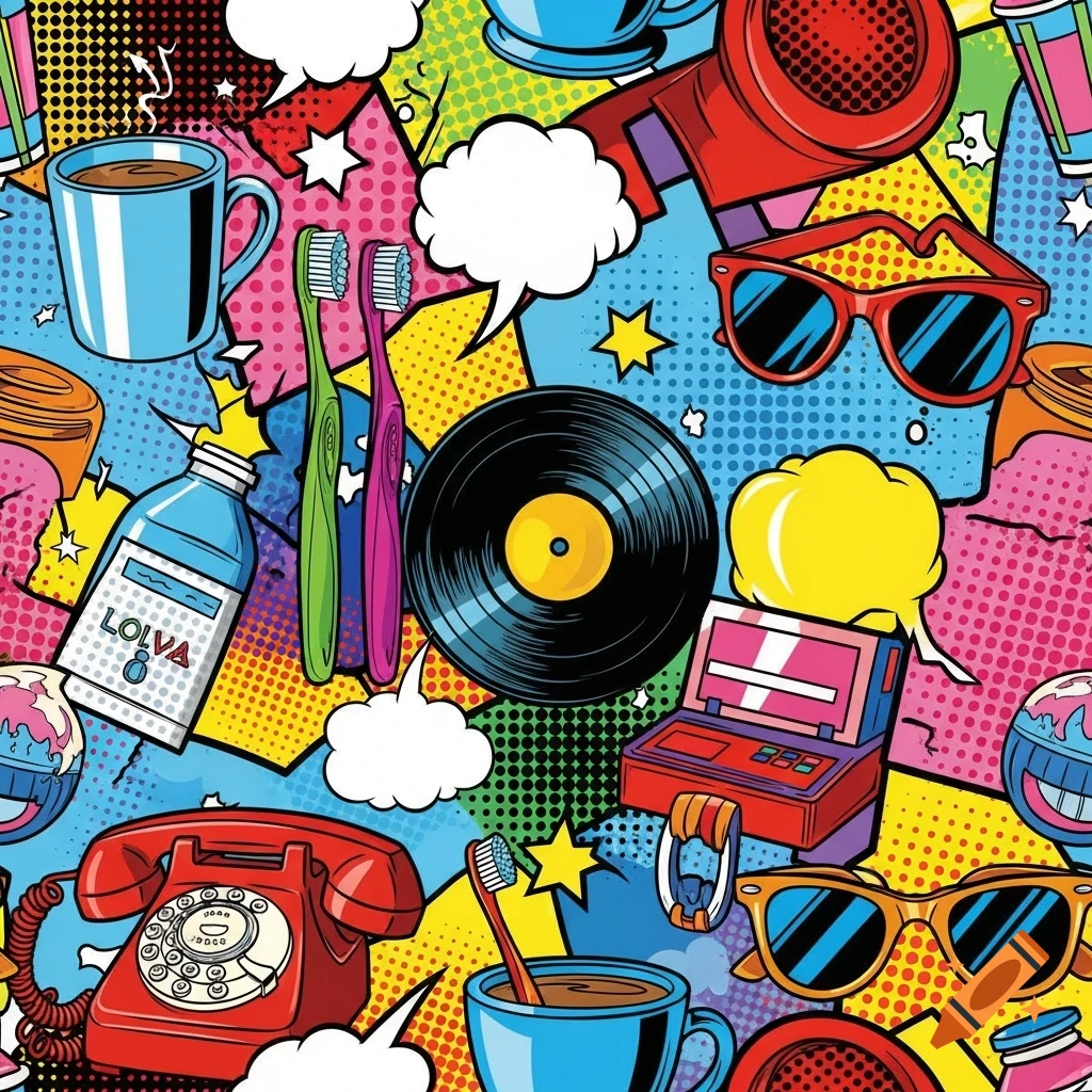 A vibrant pop art collage featuring various everyday objects like coffee mugs, toothbrushes, a record, and a rotary phone.