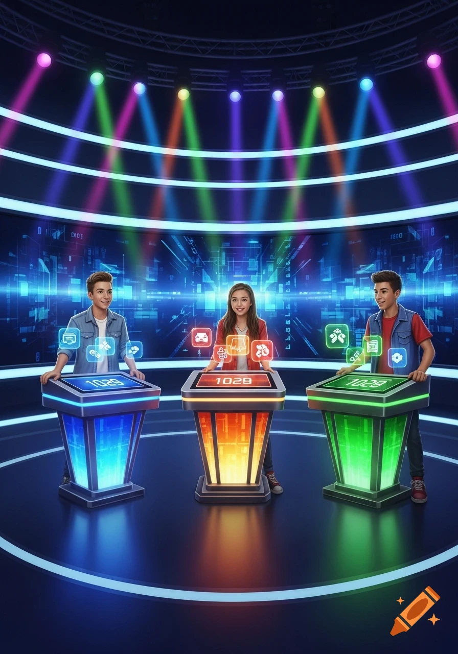Three teenagers stand behind futuristic, glowing podiums on a brightly lit game show stage, ready to compete.