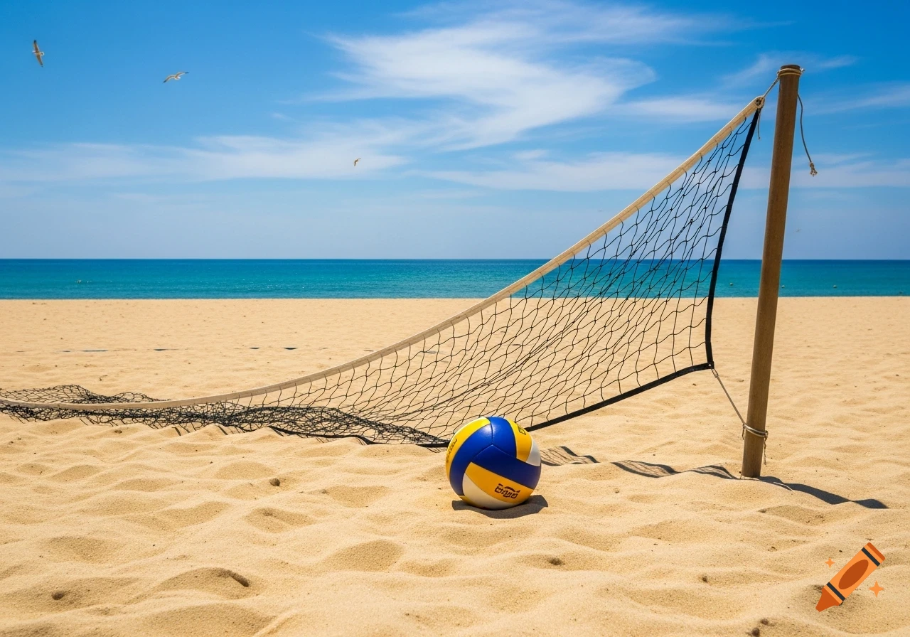 A blue and yellow volleyball sits next to a net on a sandy beach, with the ocean and blue sky in the background.