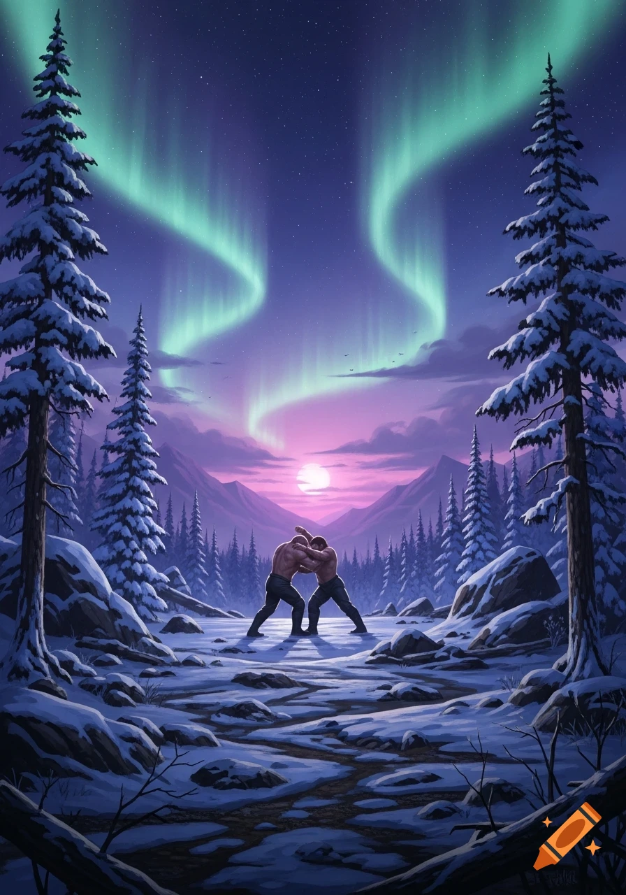 Two muscular men wrestle in a snowy taiga landscape under a vibrant green aurora borealis and a full moon, in an illustrated style.