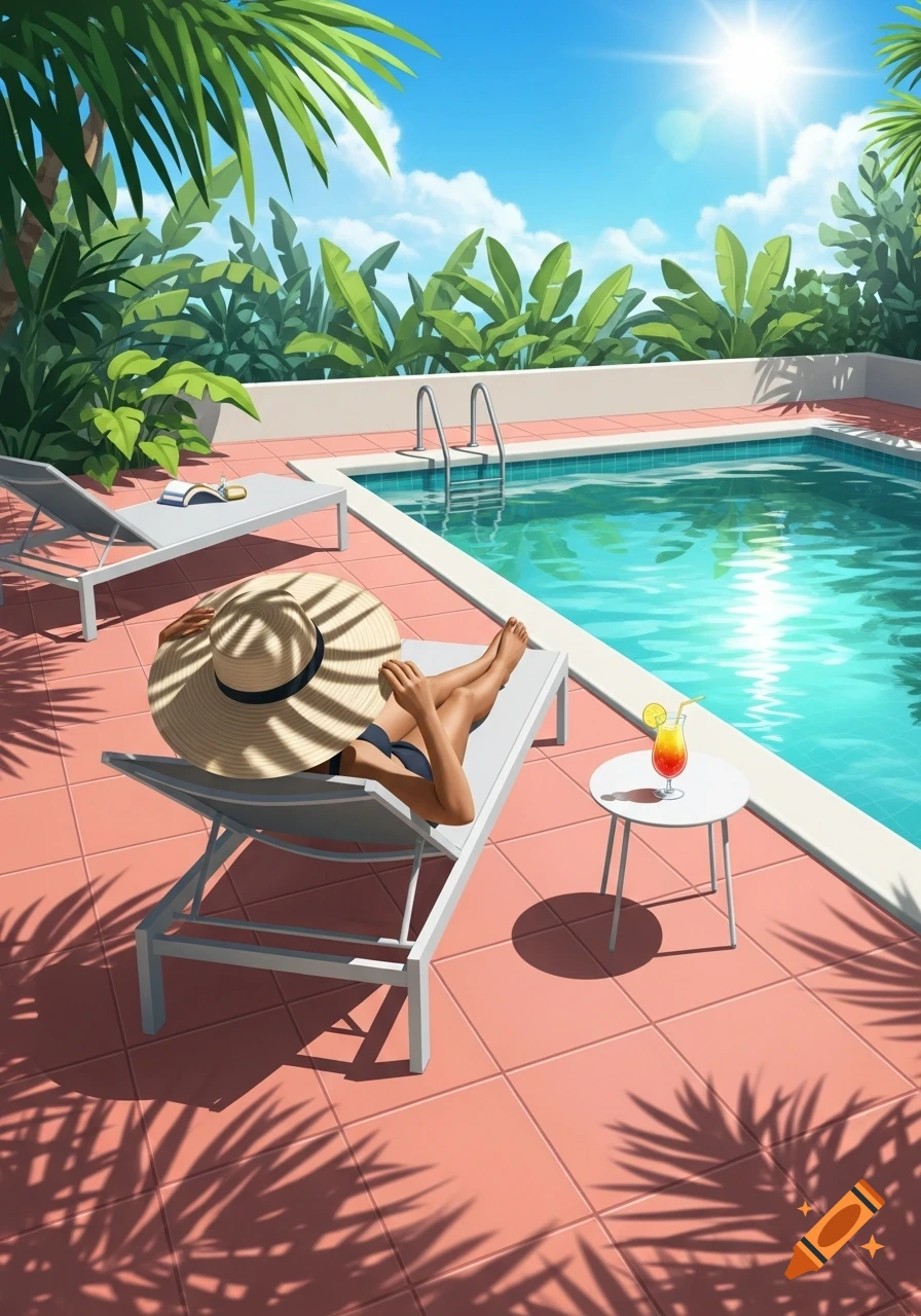 Illustrated view of a person in a wide-brimmed hat relaxing on a lounge chair by a swimming pool, surrounded by tropical plants on a sunny day.