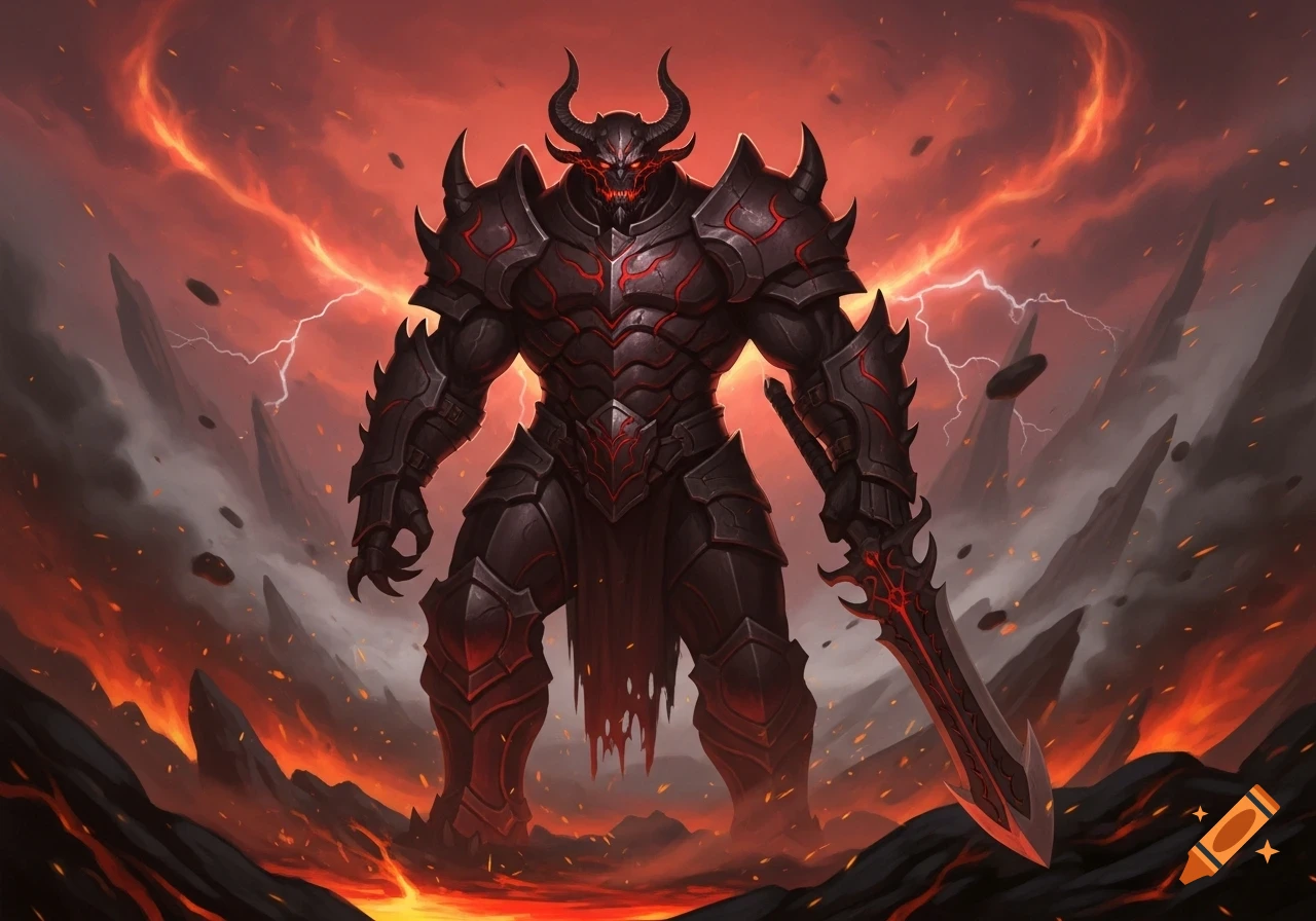 A large, demonic armored figure with horns and a glowing red face holds a jagged sword, standing in a fiery, volcanic landscape under a stormy red sky.