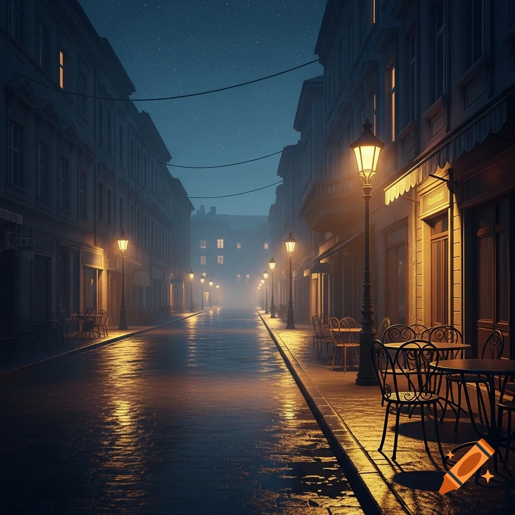 An empty, wet cobblestone street at night in a city, lit by glowing street lamps, reflecting on the pavement.