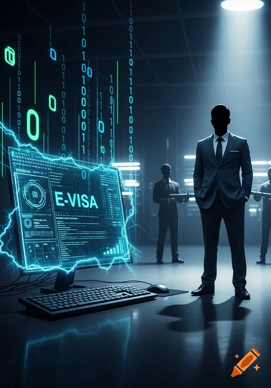 A man in a suit stands in a dark room with a glowing 'E-VISA' computer monitor, surrounded by binary code and other silhouetted men. Cyber-themed.