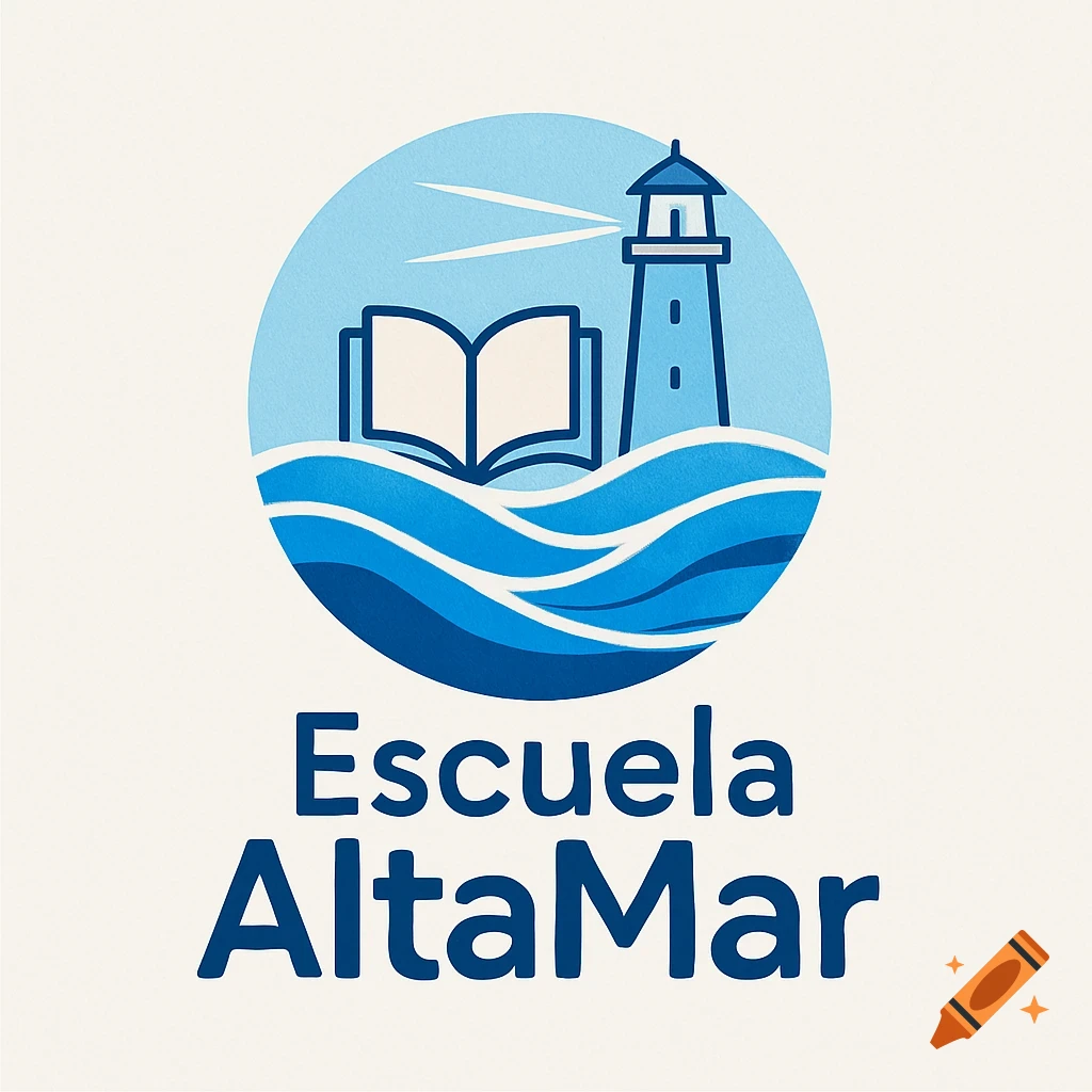Logo for 'Escuela AltaMar' featuring a lighthouse, an open book, and waves in shades of blue and white, on a light background.