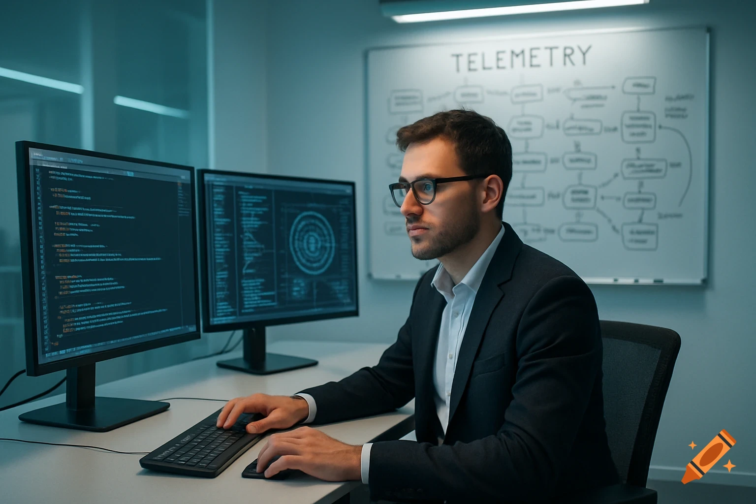 A software developer in glasses typing at a desk with two monitors, a whiteboard with 'TELEMETRY' behind him.