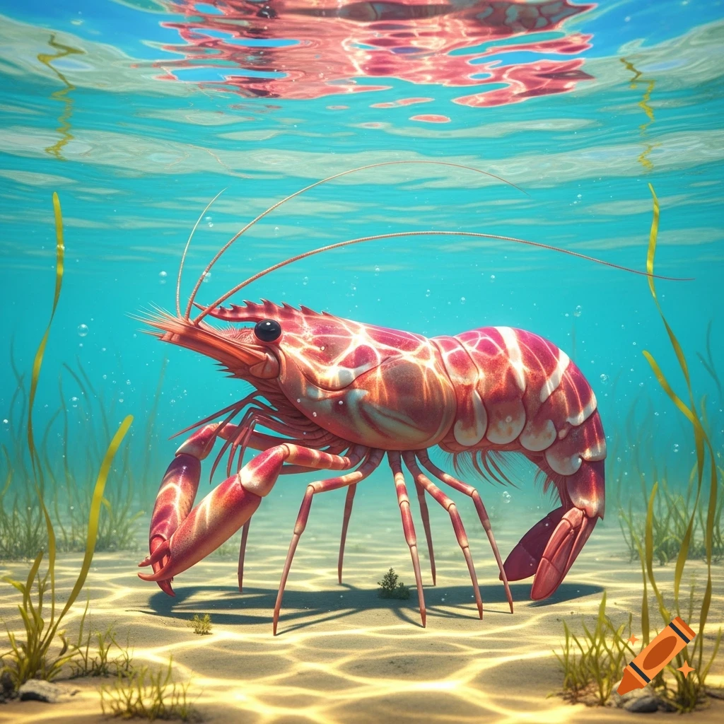 A detailed red and white jumbo shrimp on a sandy seabed with seaweed, under clear blue water with surface reflection.