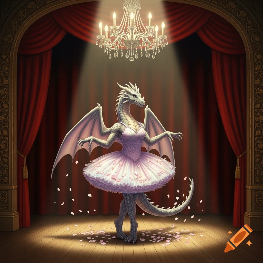 A white humanoid dragon in a pink ballerina tutu performs on a spotlighted stage with red curtains, a chandelier, and scattered pink petals.