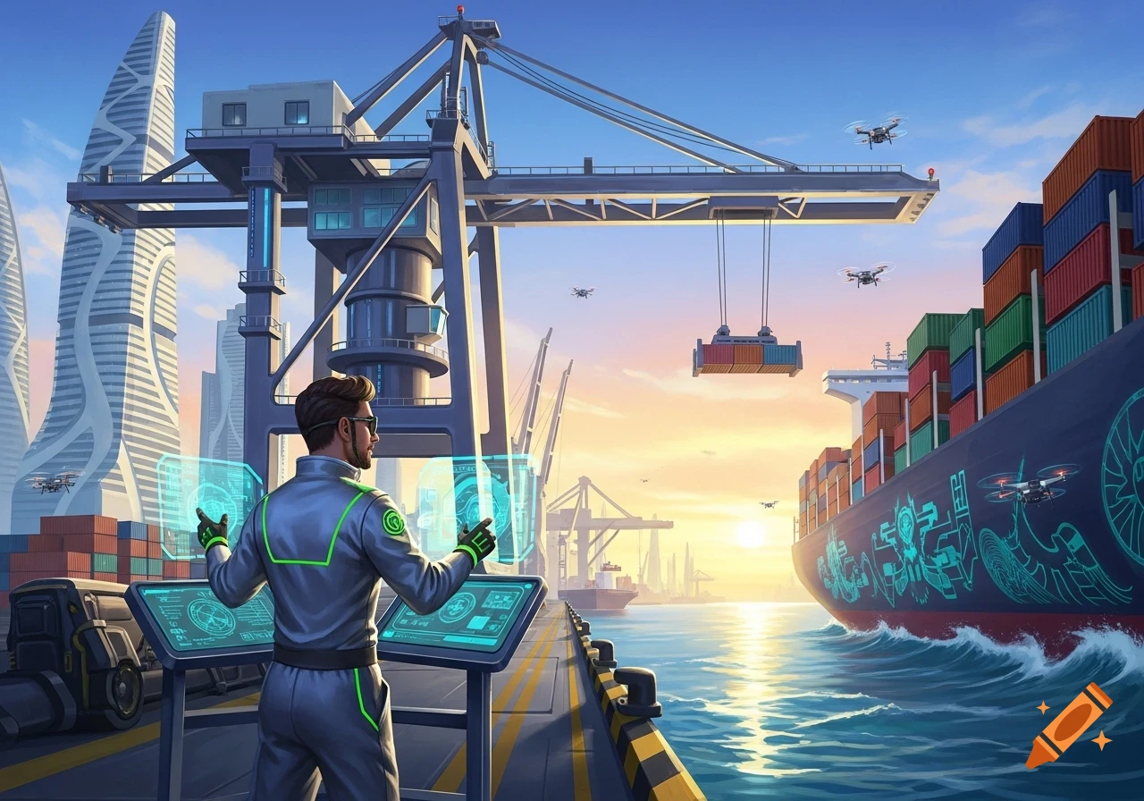 A man in a futuristic suit controls holographic interfaces at a busy port, with cargo ships, cranes, and drones under a sunset sky.