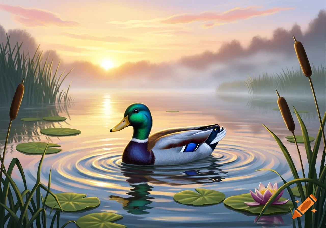 A vibrant mallard duck swims on a calm pond with lily pads and cattails at sunset, illustrated.