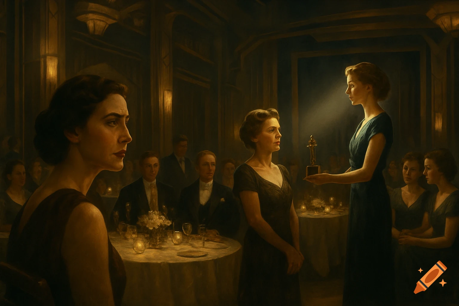 In a dimly lit Art Deco hall, a woman presents a golden trophy to another, surrounded by people in 1930s formal wear.