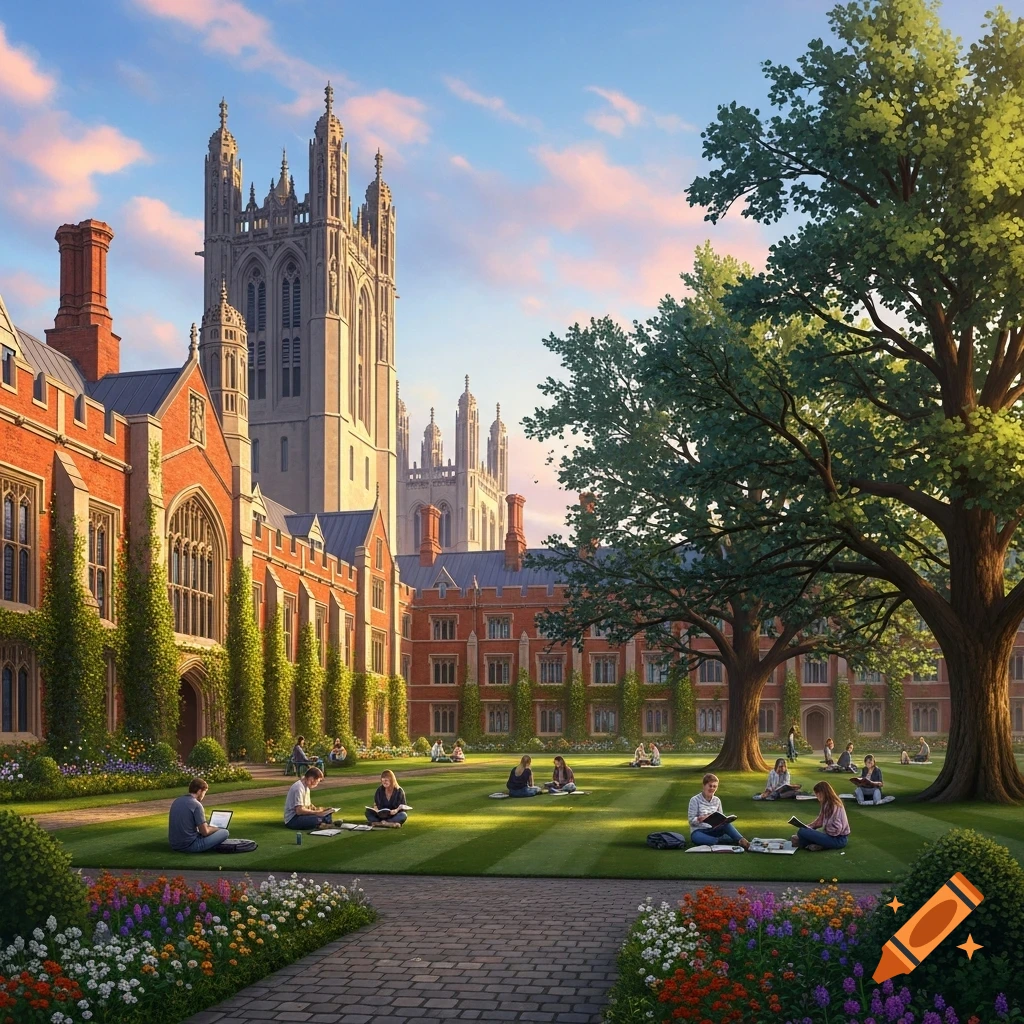 A picturesque university quad with red-brick buildings, a tall stone tower, and students studying on a sunny green lawn.