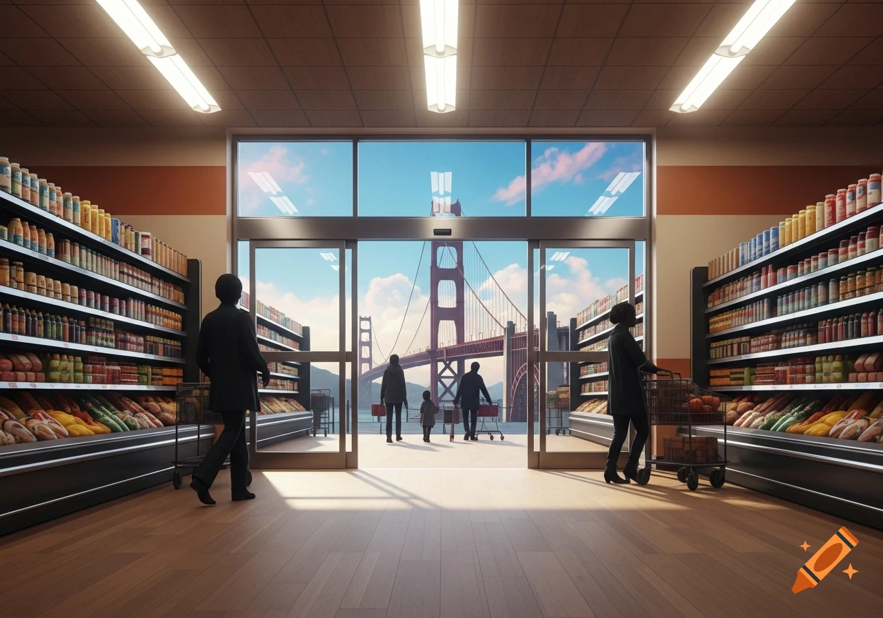 Photorealistic image inside a supermarket, looking through glass doors at the Golden Gate Bridge, with customers and product aisles.