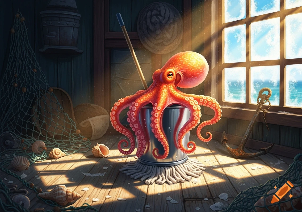 An orange cartoon octopus sits in a mop bucket on a wooden floor, surrounded by seashells and a fishing net, with a bright ocean window.