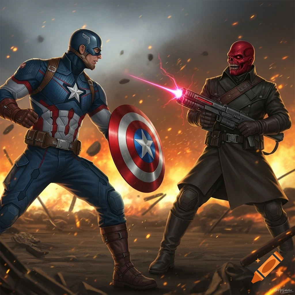 Captain America with his shield battles Red Skull, who fires a laser gun, amidst a fiery battleground in a comic book art style.