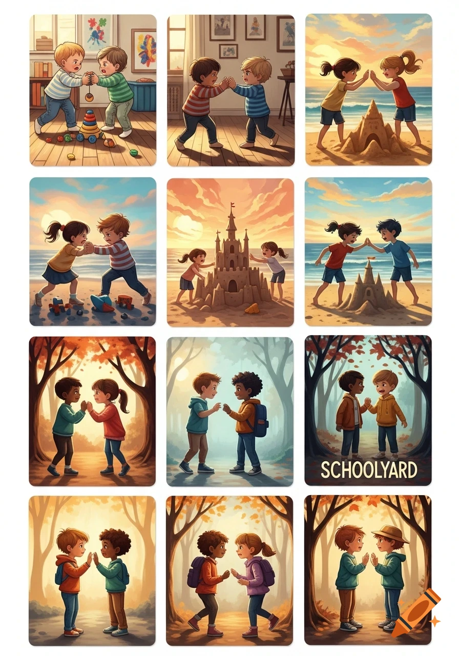 A grid of 12 cartoon illustrations depicting children playing and arguing in different settings like a playroom, beach, and schoolyard.