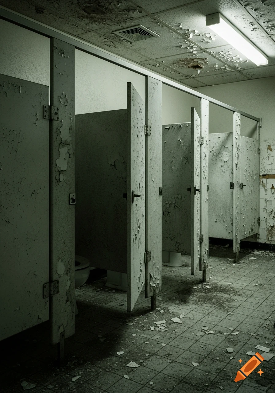 Abandoned, decaying public restroom with peeling paint on stalls and walls, debris on tiled floor, under fluorescent light.
