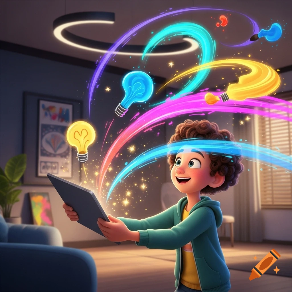 A happy cartoon teenager pulls colorful lightbulb ideas and brush strokes from a tablet screen in a Pixar-like style.