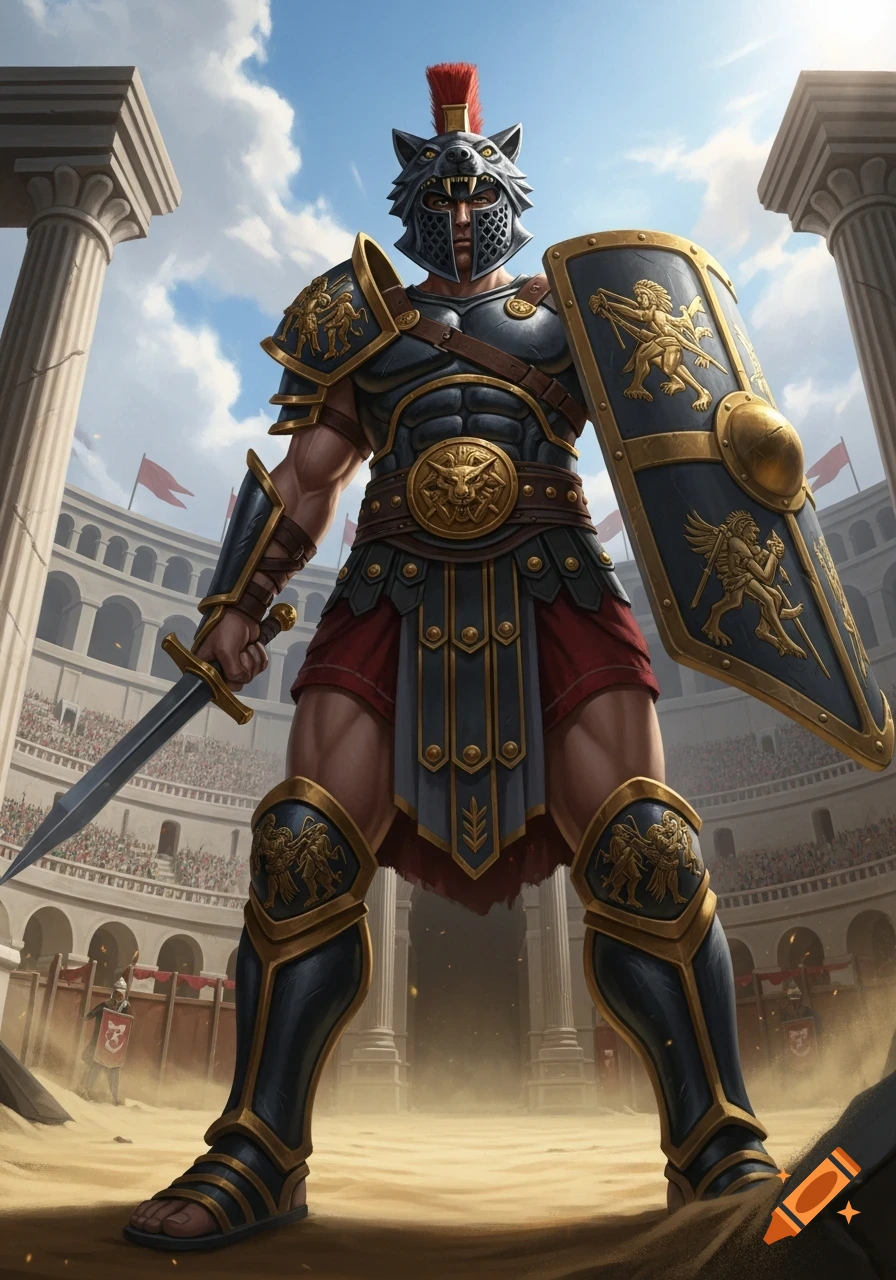 A powerful gladiator in wolf-themed armor stands in a sunlit Roman arena, holding a sword and shield.