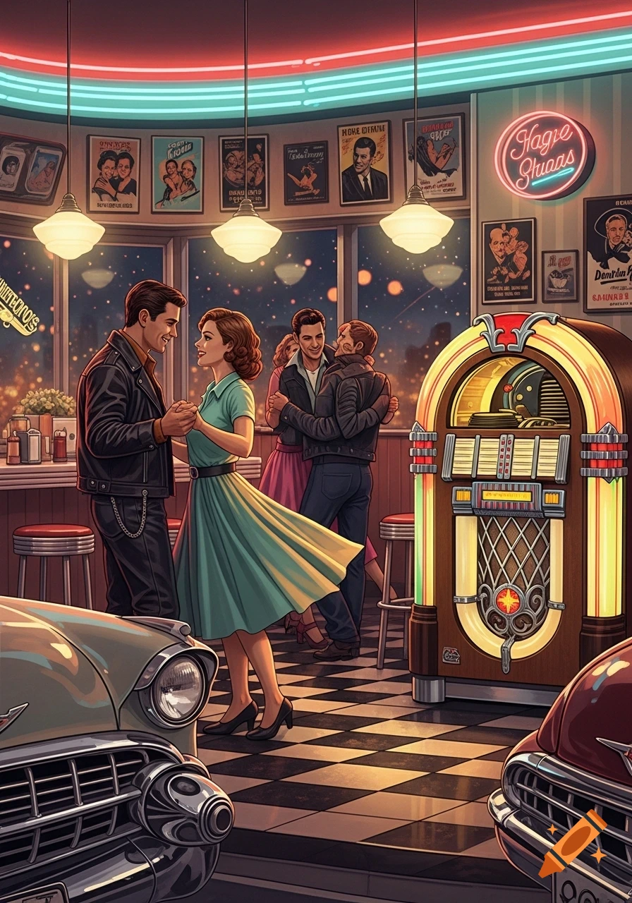 A vibrant retro-styled illustration of couples dancing in a 1950s diner, featuring a jukebox, neon signs, and classic cars.