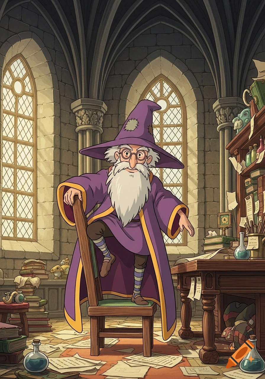 A whimsical cartoon wizard in purple robes and a pointy hat stands on a chair in a cluttered, gothic castle study.