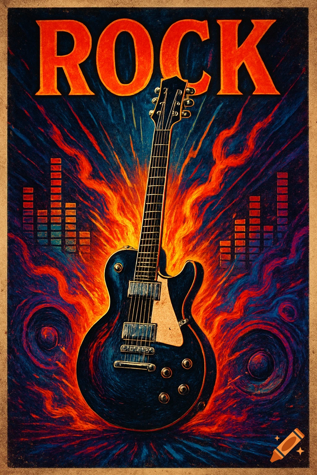 A vibrant rock poster with the word "ROCK" in bold orange letters above a dark blue electric guitar engulfed in fiery red and blue abstract energy.