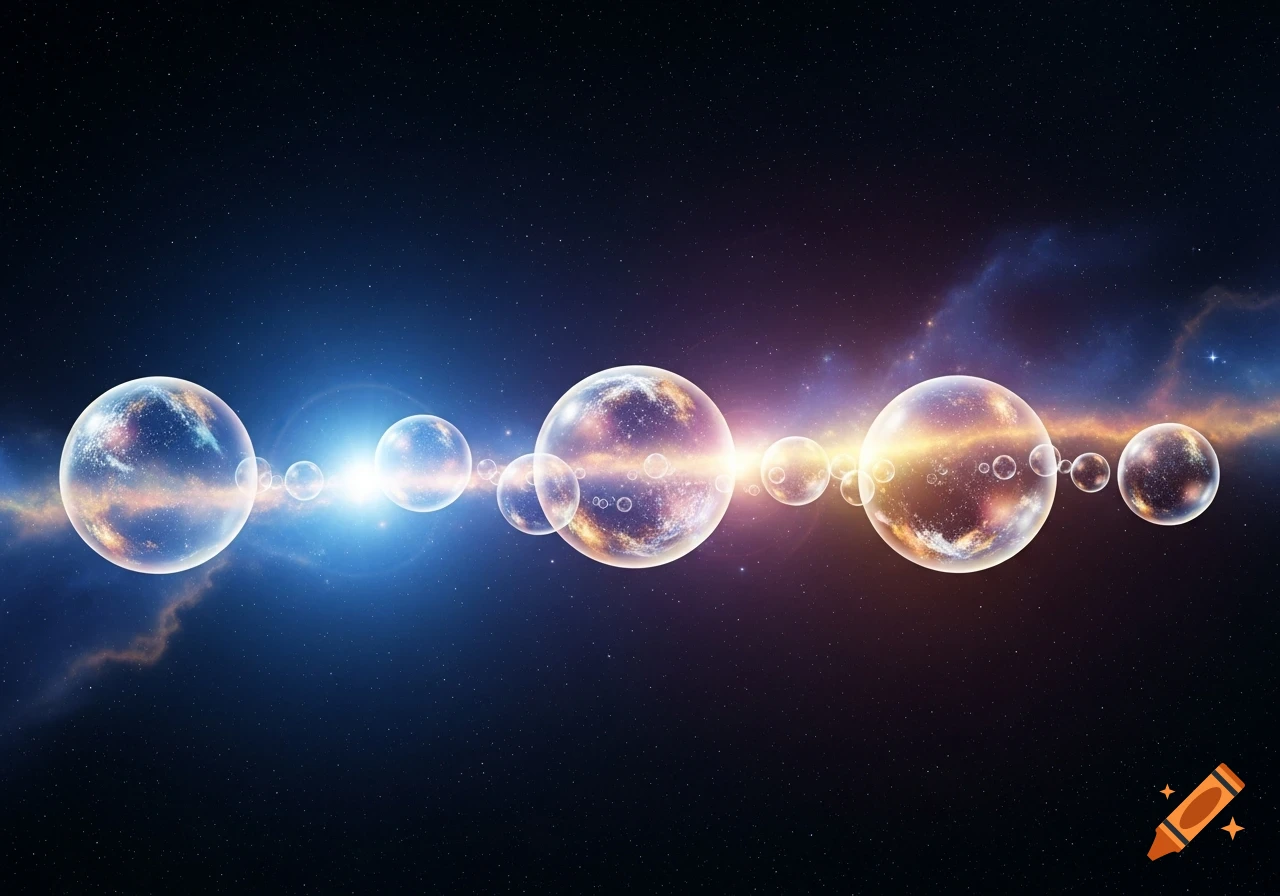 Glowing, transparent bubbles containing galaxies lined up across a dark starry space with colorful nebulae.