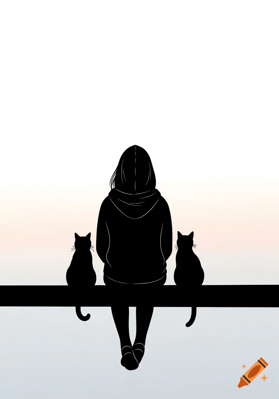 Black silhouette of a person in a hoodie sitting with two cats on a ledge, looking at a gradient sky.