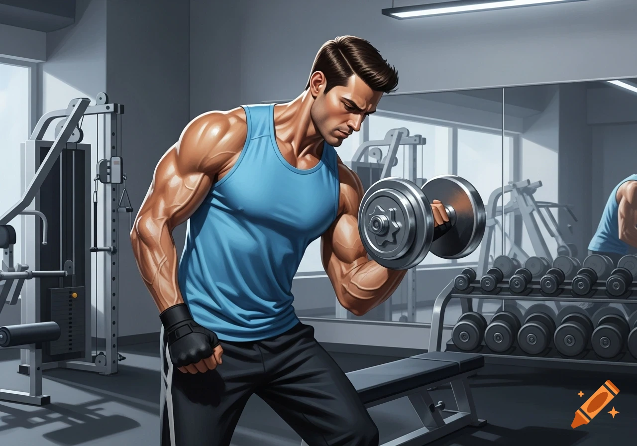 Muscular man in a blue tank top and gloves lifts a dumbbell in a gym with equipment and a mirror in the background.