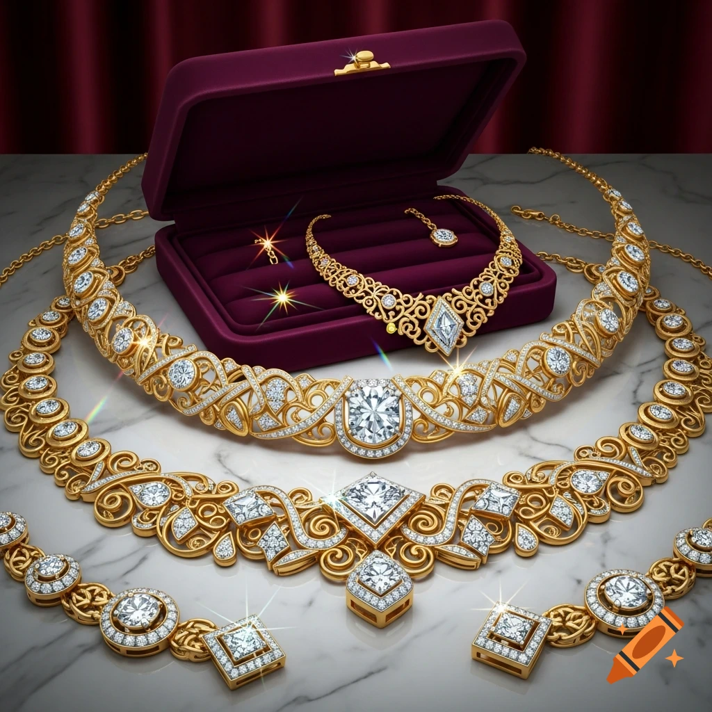 An elaborate collection of gold and diamond jewelry, including several ornate necklaces and earrings, displayed on a marble surface with a velvet jewelry box in the background.