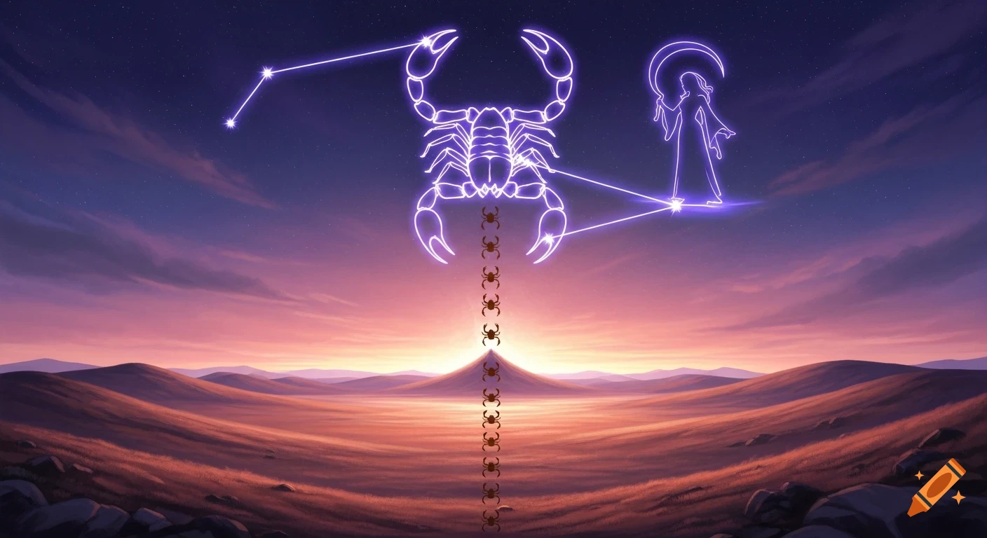 A vibrant sunset landscape with rolling hills under a starry sky. Purple light constellations of a scorpion and Lilith with a scythe appear, with small scorpions forming the tail of the main scorpion constellation, extending into the landscape.