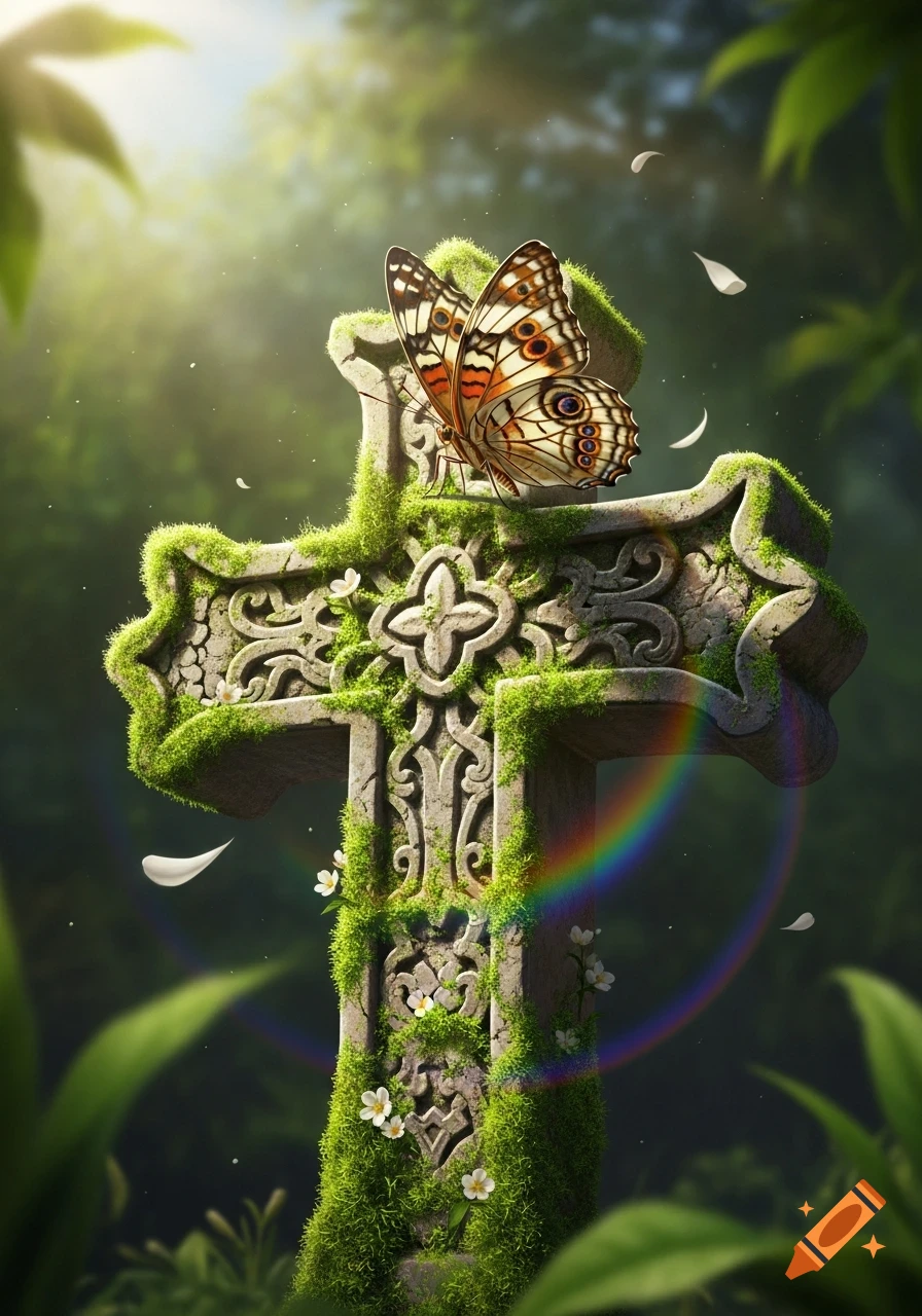 A vibrant butterfly rests on a moss-covered, intricately carved stone cross in a lush forest, bathed in warm sunlight with a rainbow flair.