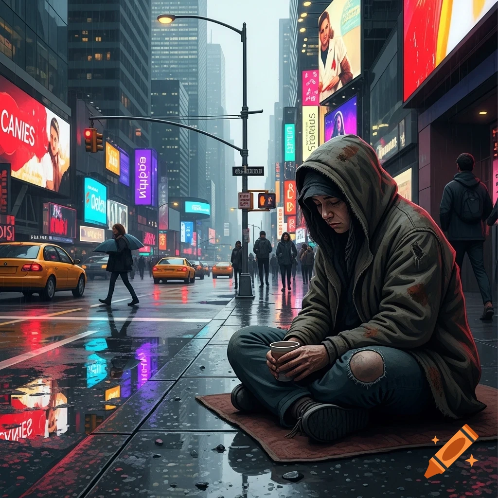 A homeless person sits on a mat on a wet city sidewalk, begging for change, surrounded by bright neon signs and passing traffic at night.