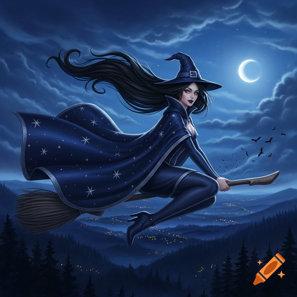 A witch flies on a broomstick across a moonlit night sky over a city, wearing a dark blue starry cape.