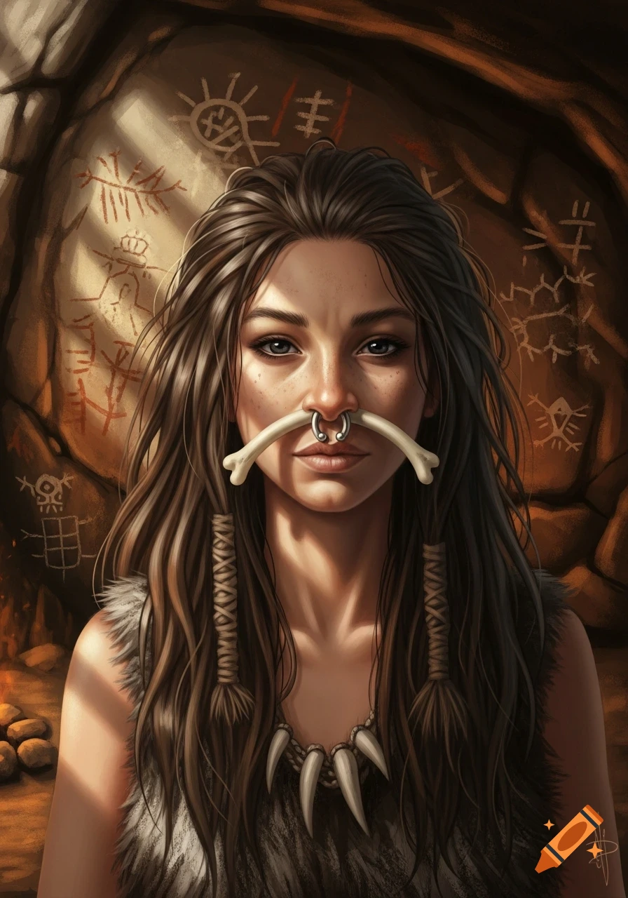 Portrait of a young cave person woman with long dark hair, a bone septum piercing, and a tooth necklace, set against cave paintings.