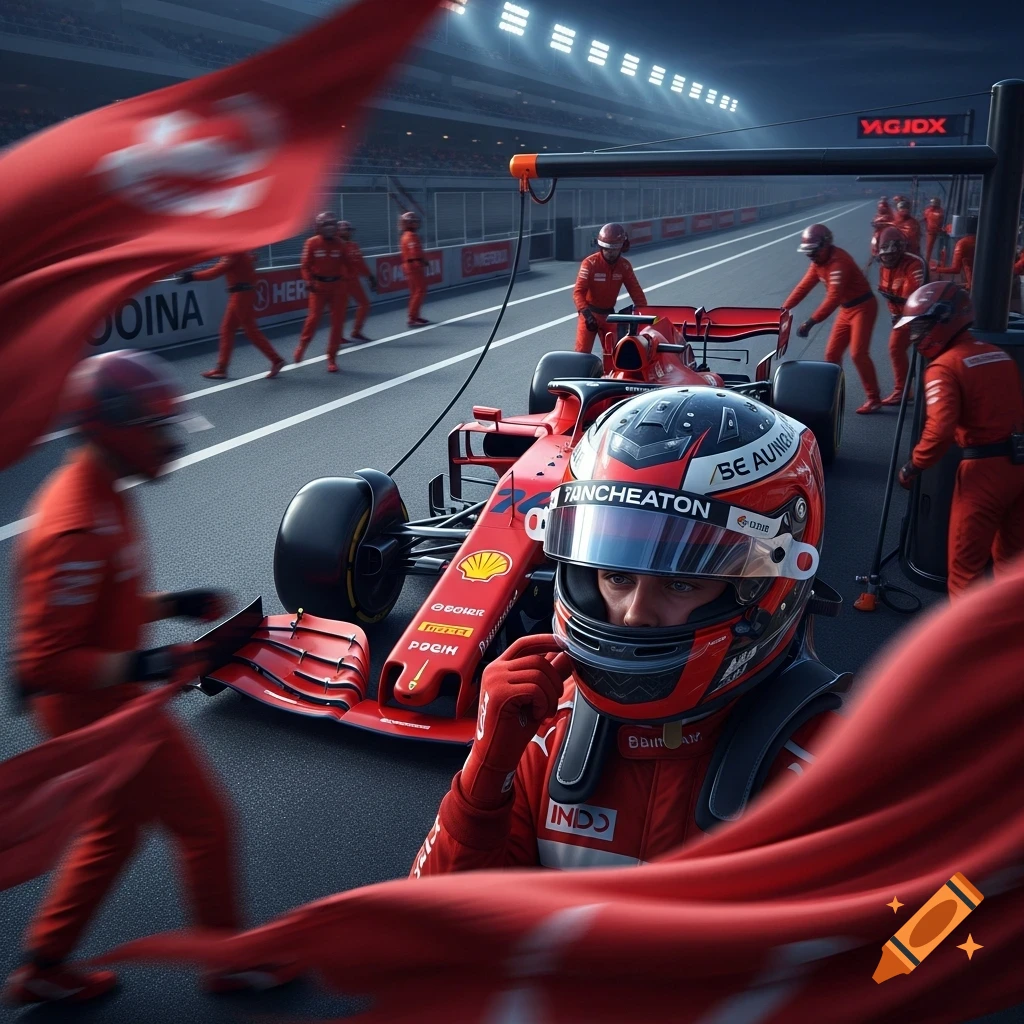 Photorealistic image of a Formula 1 driver in a red helmet and suit, with a red car and pit crew in a brightly lit pit lane, a red flag waving in the foreground.