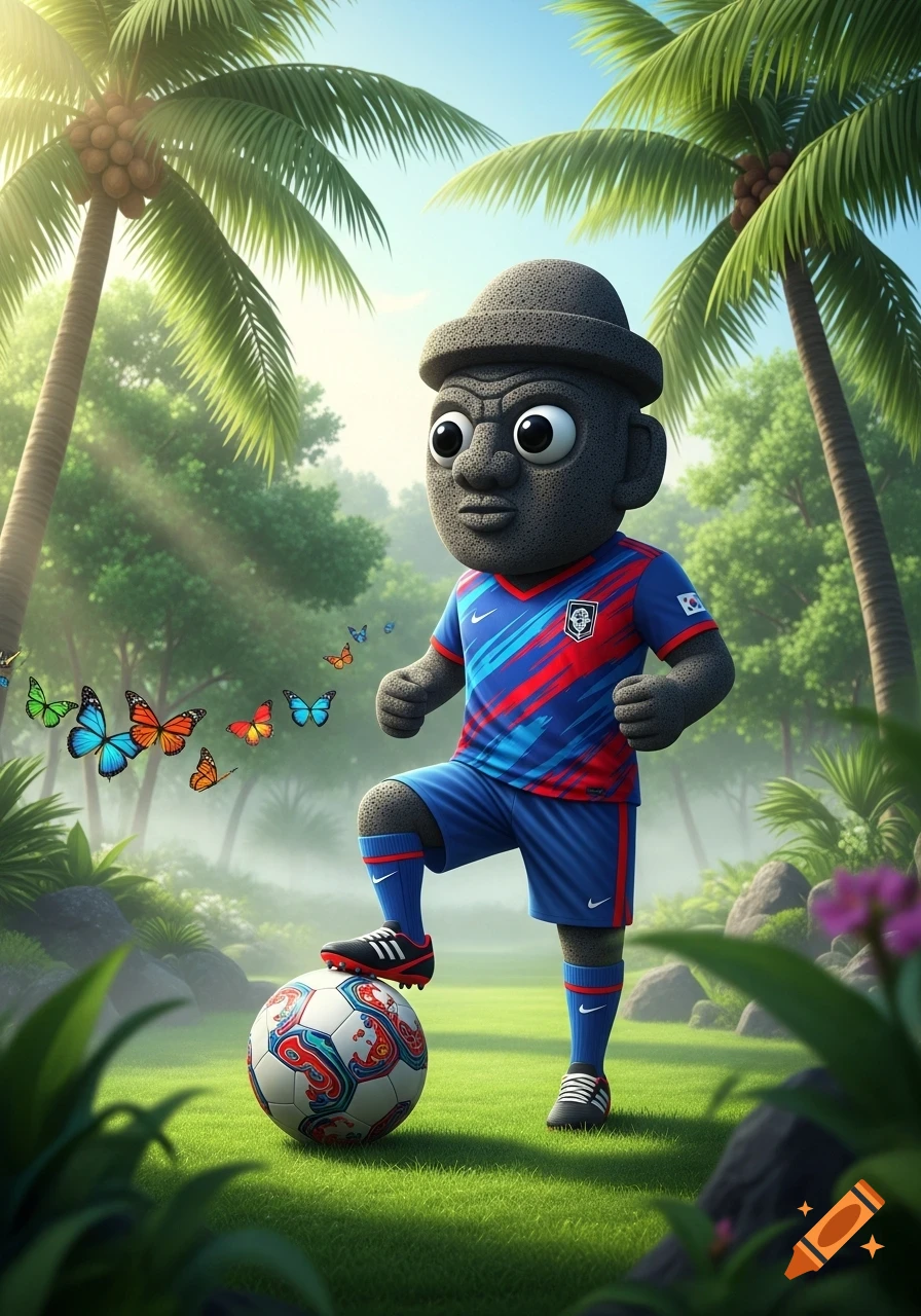 A 3D cartoon Dolhareubang character in a blue, red, and white soccer uniform stands with one foot on a soccer ball in a grassy field with palm trees and colorful butterflies.