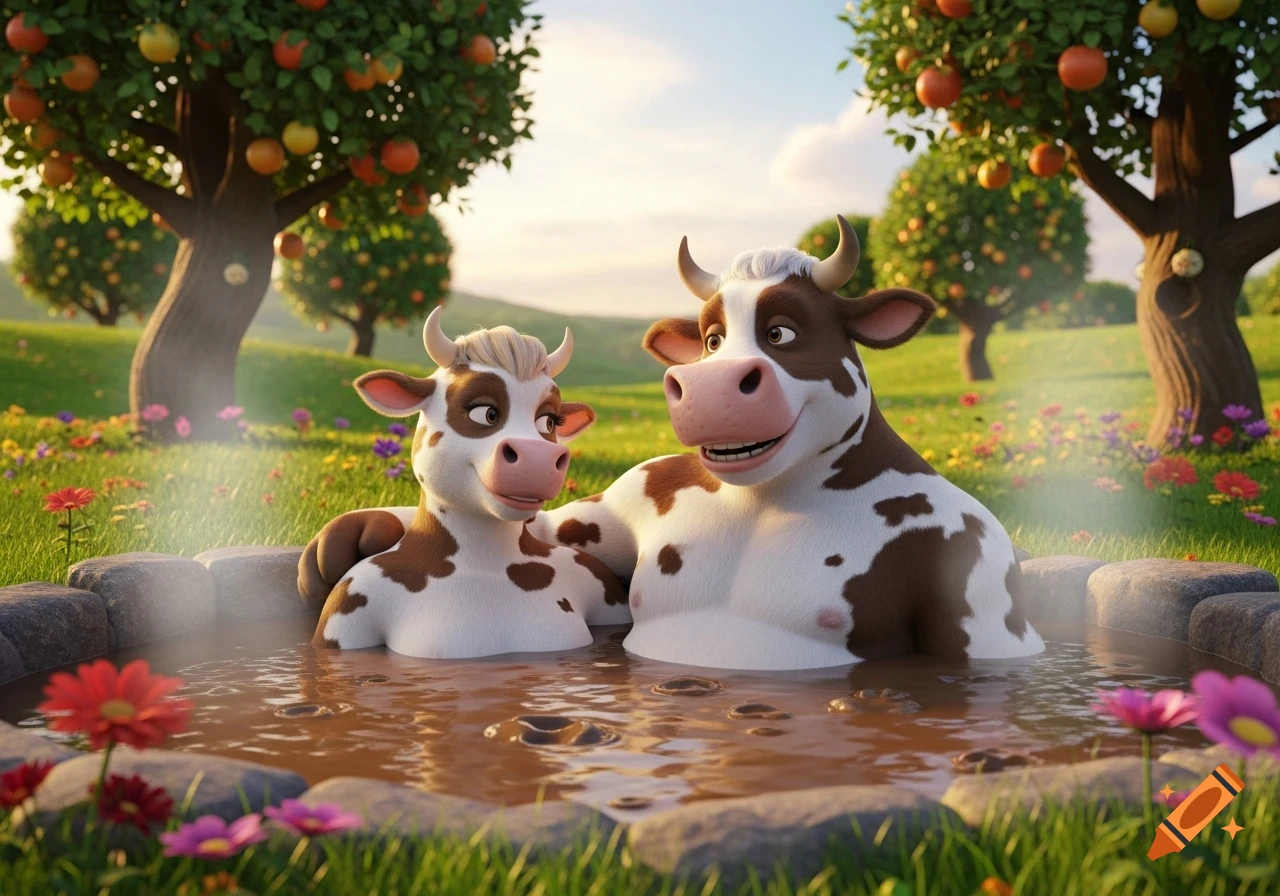 A cartoon cow couple relaxes in a muddy hot tub in a sunny field with fruit trees and flowers, 3D animated.