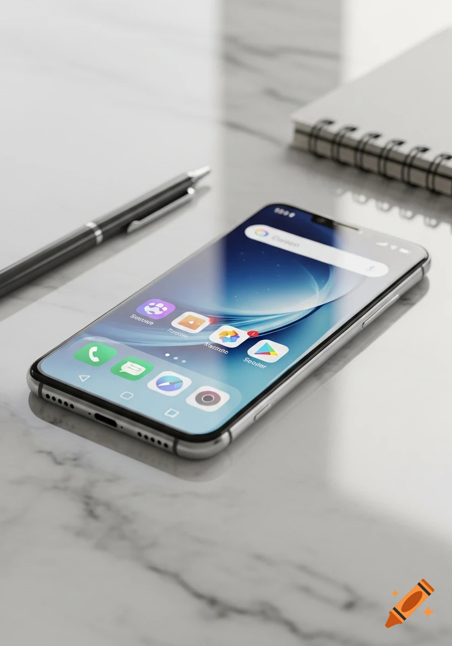 A silver smartphone with app icons on its screen lies on a white marble desk next to a pen and notebook, photorealistic.