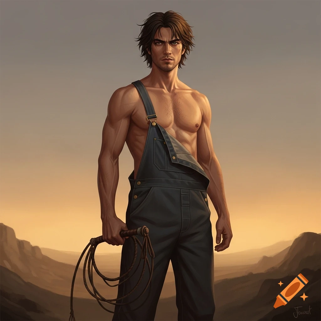 Digital art of a muscular man with messy brown hair and stubble, wearing unbuttoned overalls, holding a whip in a desert landscape.