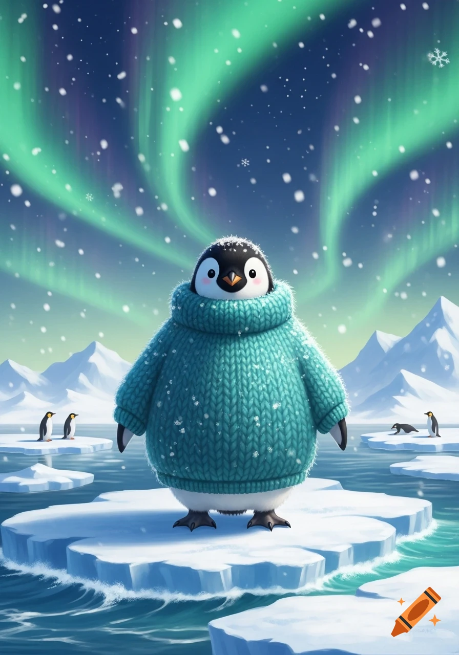A cute fluffy penguin wearing a teal knitted sweater stands on an ice floe under a green aurora borealis sky with falling snow.