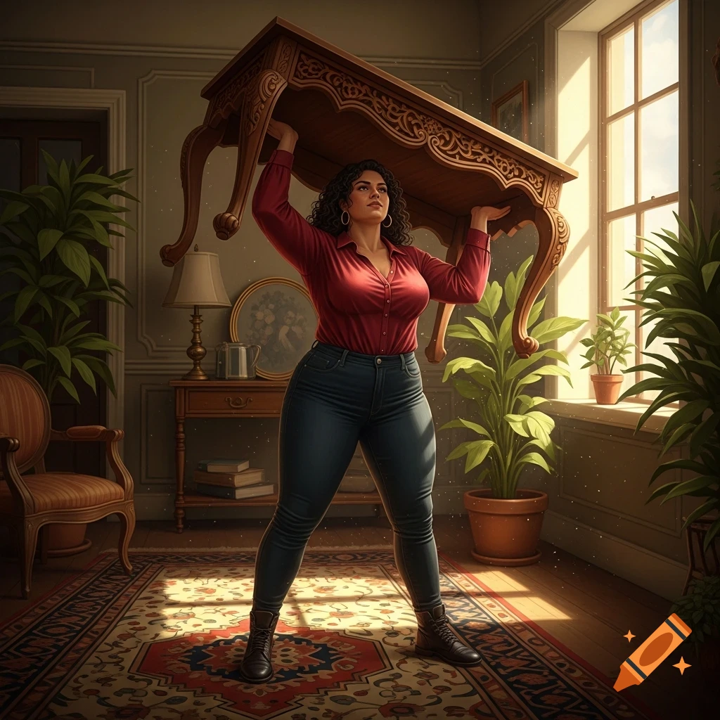 A strong woman in a red shirt and jeans lifts a heavy ornate wooden table in a sunlit room with plants and a patterned rug, photorealistic.